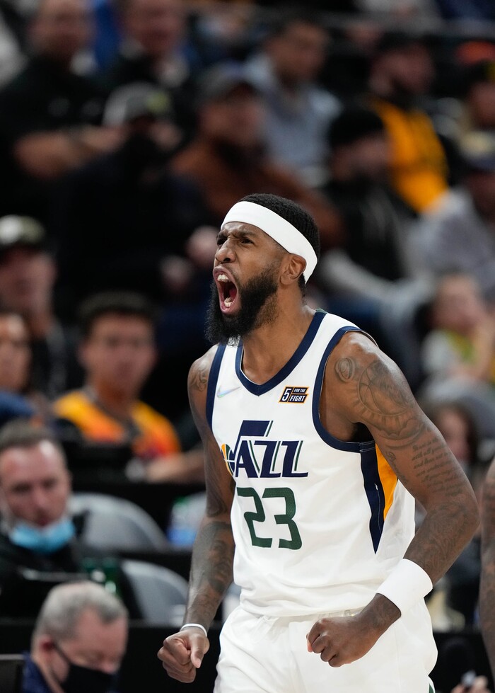 (Francisco Kjolseth | The Salt Lake Tribune) Utah Jazz forward Royce O'Neale (23) screams out in celebration of a three point shot in NBA action between the Utah Jazz and the LA Clippers at Vivint Smart Home Arena in Salt Lake City, Wednesday, Dec. 15, 2021.