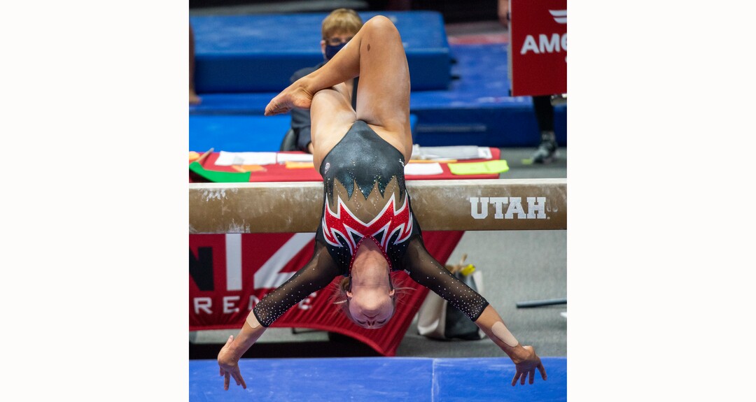 (Rick Egan | The Salt Lake Tribune)  Maile O'Keefe scores a 10 on the beam, during a gymnastics meet between The University of Washington and The University of Utah at Jon M. Huntsman Center in Salt Lake City, on Saturday, Jan. 30, 2021.