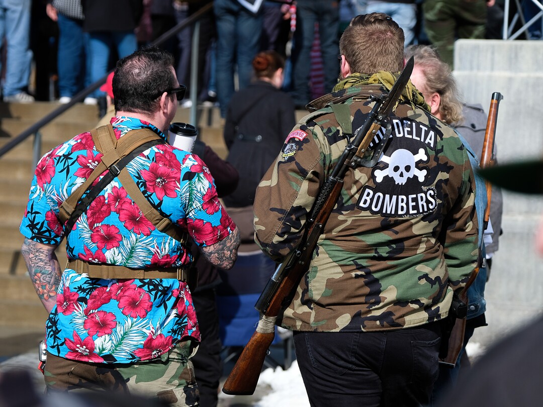 (Francisco Kjolseth  |  The Salt Lake Tribune) Well armed pro gun proponents gather at the Utah Capitol in Salt Lake City on Saturday, Feb. 8, 2020, in response to recent proposals from legislators, including red-flag laws, universal background checks and the elimination of private transfers.