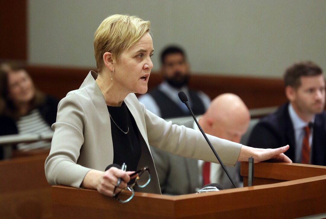 Deputy Salt Lake County attorney Bridget K. Romano, who represents Salt Lake County Clerk Sherrie Swensen, speaks in Third District Court Thursday Nov. 15, 2018, in West Jordan, Utah. A Utah judge has reserved a decision on a lawsuit in a tight House race filed by a Republican incumbent who is seeking to halt vote counting in a Democratic-leaning county that's key to the outcome. Judge James Gardner heard arguments Thursday in the lawsuit filed by U.S. Rep Mia Love, but ended the hearing without making a ruling. (AP Photo/Rick Bowmer, Pool)