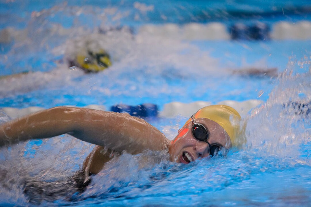 (Trent Nelson | The Salt Lake Tribune)  Lone Peak High School's Summer Shreeve competes in the Women 200 Yard Freestyle at the high school swimming 6A State Championships in Bountiful, Thursday February 8, 2018.