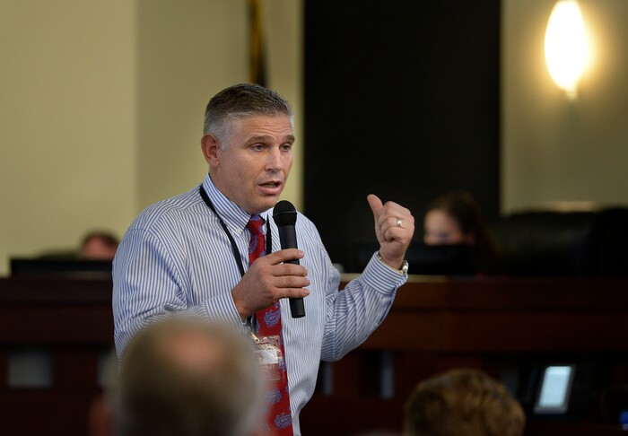 (Scott Sommerdorf | The Salt Lake Tribune)
Utah Republican Party chairman Rob Anderson speaks to the membership about his stance on the ongoing lawsuit against SB54 as the Utah Republican Party Central Committee meeting, Saturday, September 9, 2017.