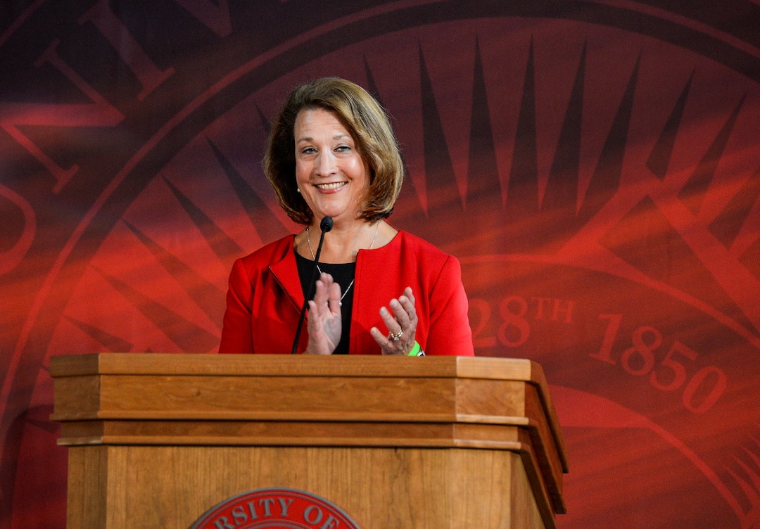 (Leah Hogsten  |  The Salt Lake Tribune) University of Utah President Ruth Watkins thanks the Huntsman family for their $150 million gift to establish the Huntsman Mental Health Institute to bolster the existing University Neuropsychiatric Institute and psychiatry department, Nov. 4, 2019.