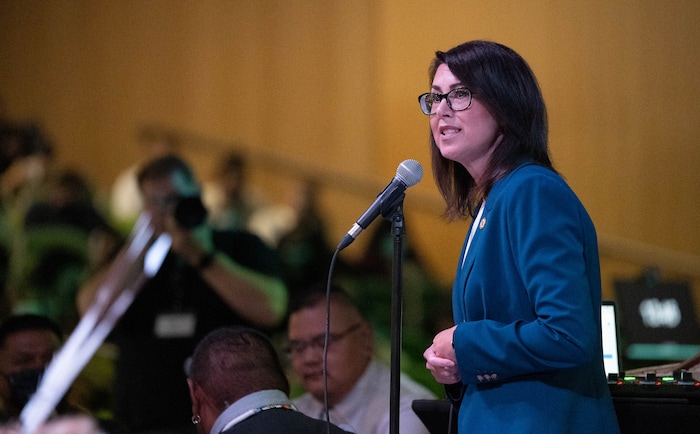 (Francisco Kjolseth | The Salt Lake Tribune) Lt. Gov. Deidre Henderson addresses those gathered for the 15th Annual Governor’s Native American Summit held on the Utah Valley University campus on Friday, Aug. 6, 2021.