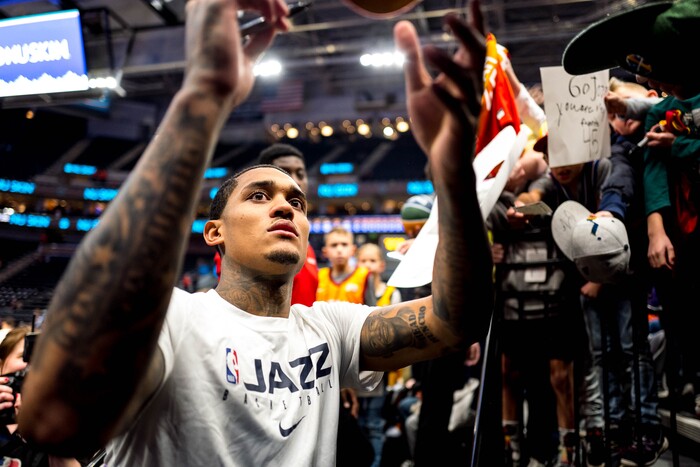 (Trent Nelson  |  The Salt Lake Tribune) Jordan Clarkson sign autographs as the Utah Jazz host the Portland Trail Blazers, NBA basketball in Salt Lake City on Thursday, Dec. 26, 2019.