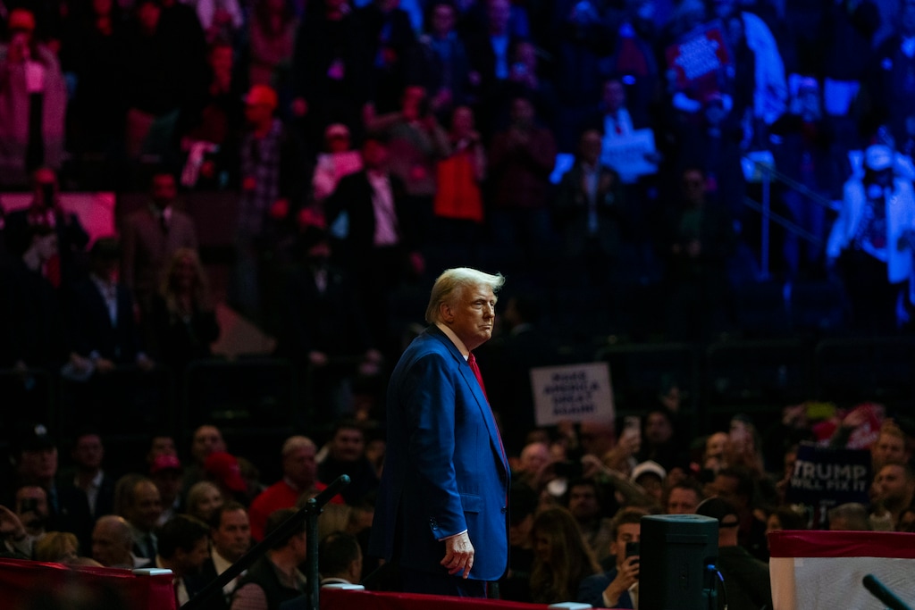 (Hiroko Masuike | The New York Times) Former President Donald Trump, the Republican presidential nominee, on stage during a campaign rally at Madison Square Garden in New York on Sunday, Oct. 27, 2024.
