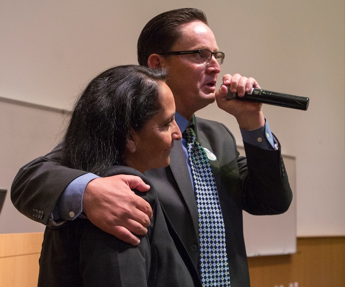(Rick Egan  |  The Salt Lake Tribune)  Runner-up Steve Anjewierden hugs Rosie Rivera Saturday, Aug. 12, 2017, as he says a few words after it was announced that Rivera had been chosen to be the Salt Lake County sheriff..