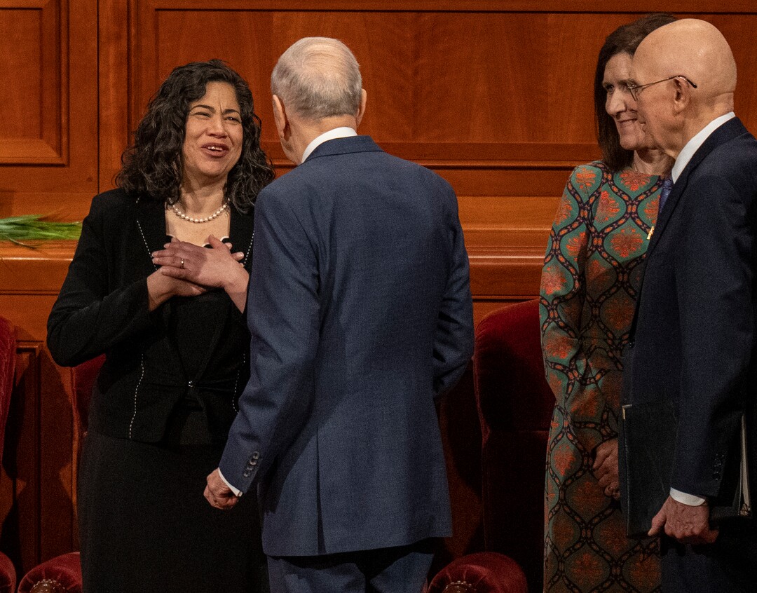 (Rick Egan | The Salt Lake Tribune)   President Russel M. Nelson visits with Reyna Aburto before the Women's session of LDS General Conference on Saturday, April 2, 2022.

