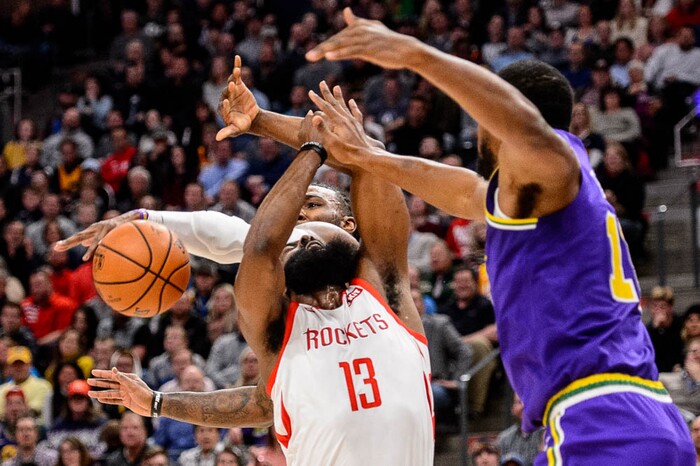 (Trent Nelson | The Salt Lake Tribune)  
Houston Rockets guard James Harden (13) defended by Utah Jazz forward Jae Crowder (99) and Utah Jazz forward Derrick Favors (15). The Utah Jazz host the Houston Rockets, NBA basketball in Salt Lake City on Thursday Dec. 6, 2018.