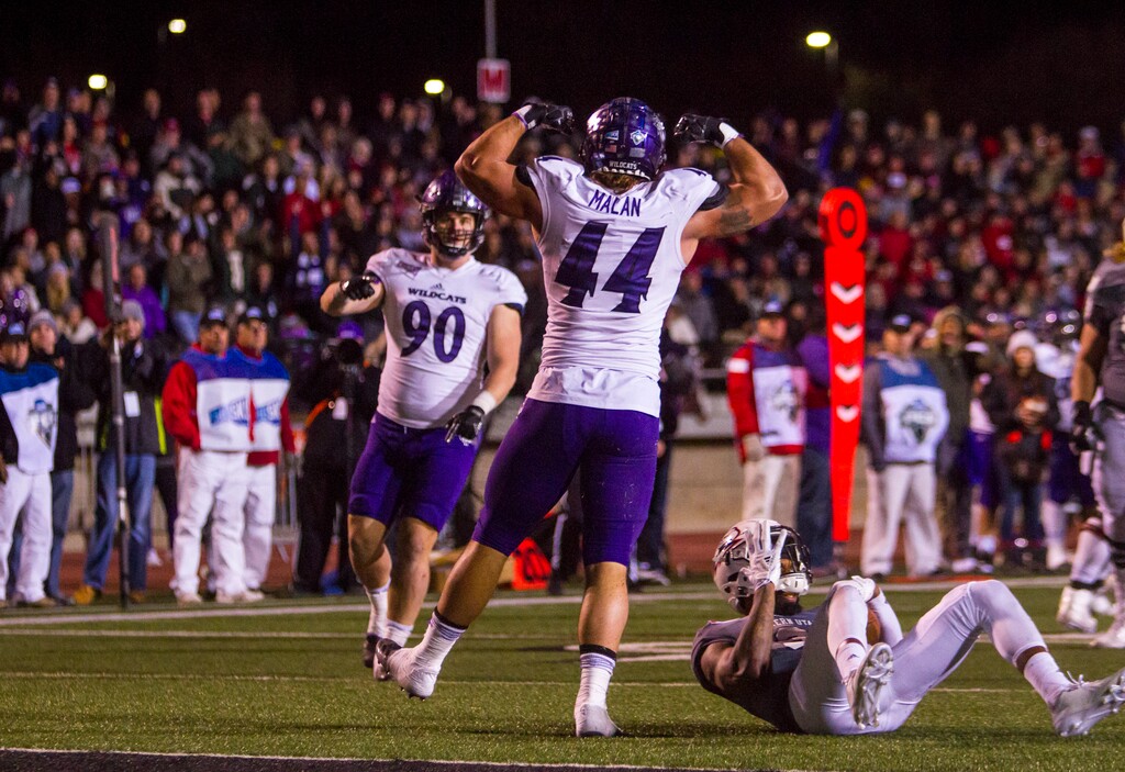 (Jordan Allred  |  The Spectrum & Daily News)   Weber State defensive lineman Carson Malan (44) celebrates a sack during Saturday's FCS playoff game against Southern Utah, December 2, 2017, in Cedar City, Utah. Weber State defeated Southern Utah 30-13.