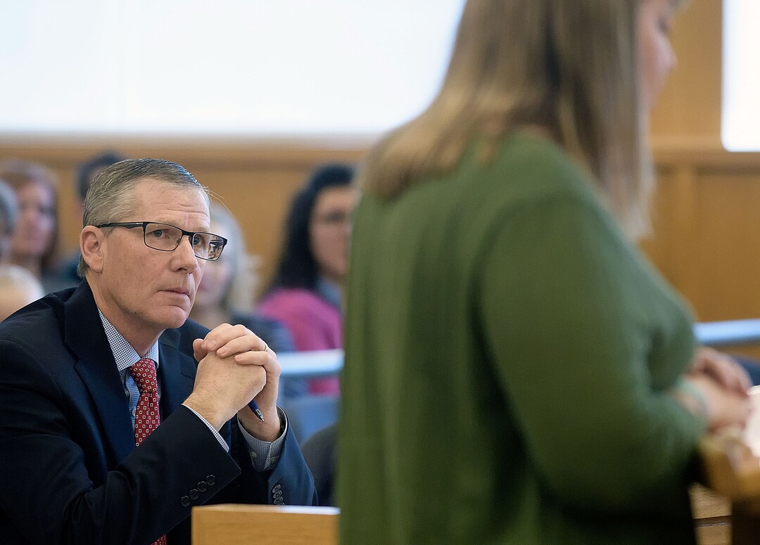 (Eli Lucero  |  Herald Journal, pool) Prosecuting attorney James Swink listens to April Turner, mother of Deserae Turner, as she speaks during Colter Peterson's sentencing hearing for attempted aggravated murder and robbery, Thursday, Feb. 1, 2018, in Logan, Utah. Peterson received a sentence of 15 years to life for shooting Deserae Turner in February 2017, and leaving her for dead in a dry irrigation canal in Smithfield, Utah.