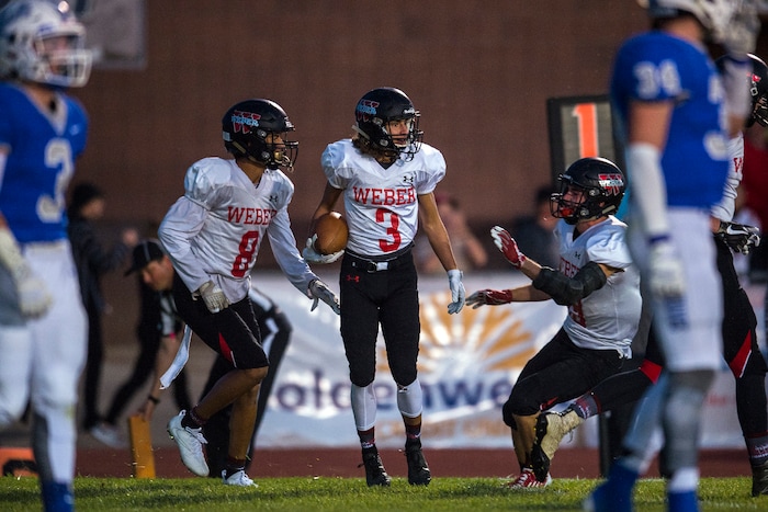 (Chris Detrick  |  The Salt Lake Tribune)  Weber's Haden Garner (3) scores a touchdown during the game at Fremont High School Thursday, October 5, 2017. 
