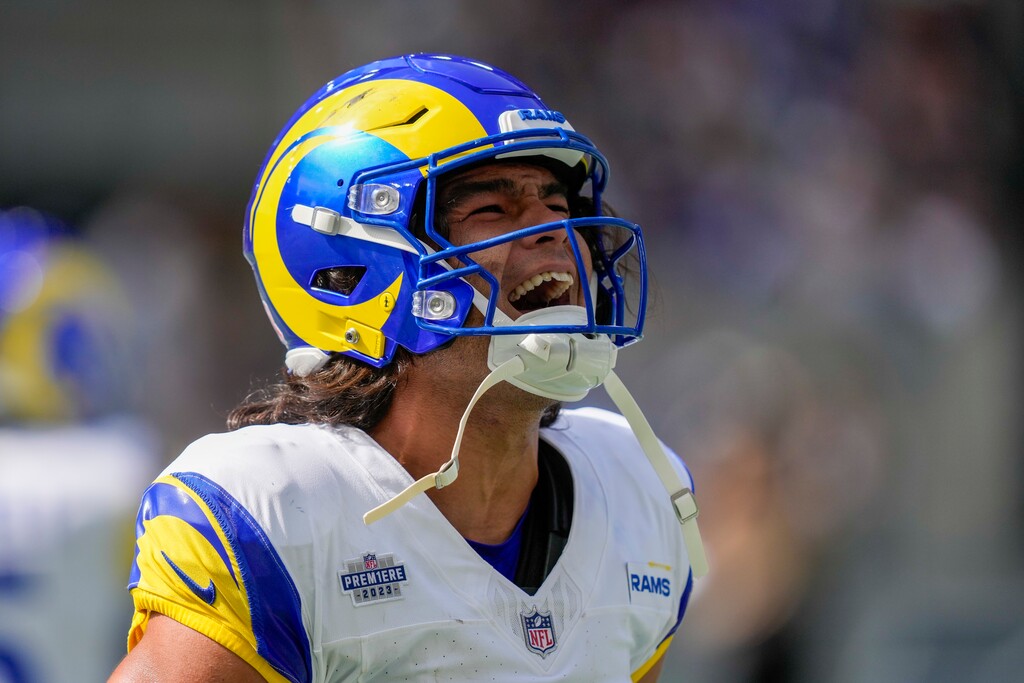 (Stephen Brashear | AP) Los Angeles Rams wide receiver Puka Nacua celebrates after a catch against the Seattle Seahawks during the first half of an NFL football game Sunday, Sept. 10, 2023, in Seattle.