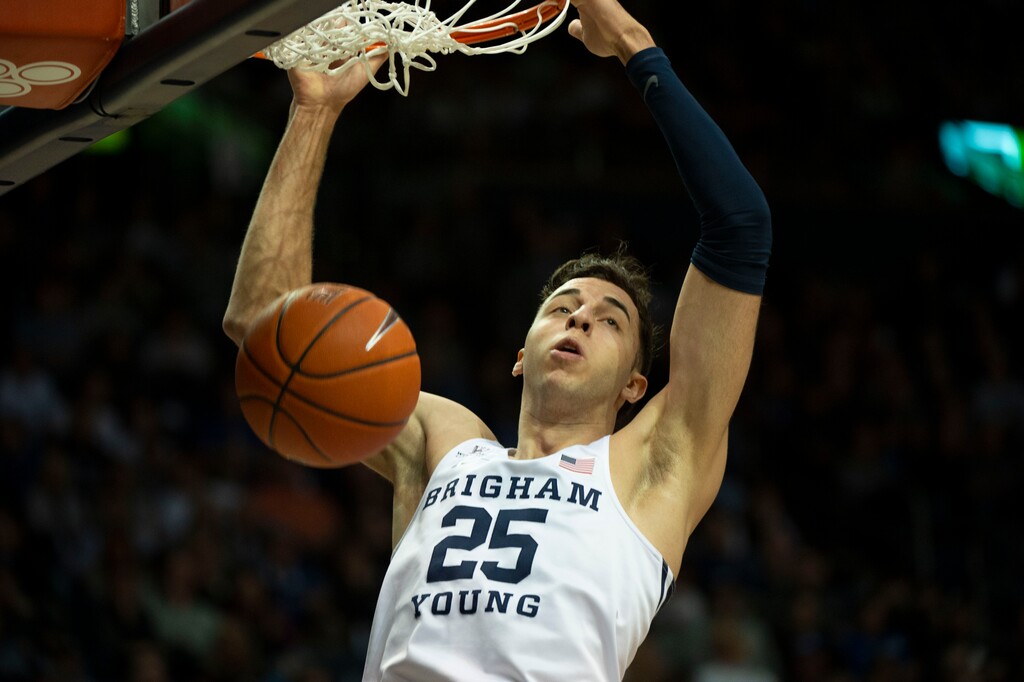 (Rick Egan  |  The Salt Lake Tribune)      Brigham Young forward Gavin Baxter (25) dunks the ball for the Cougars, in WCC basketball action at the Marriott Center, Thursday, February 21, 2018.