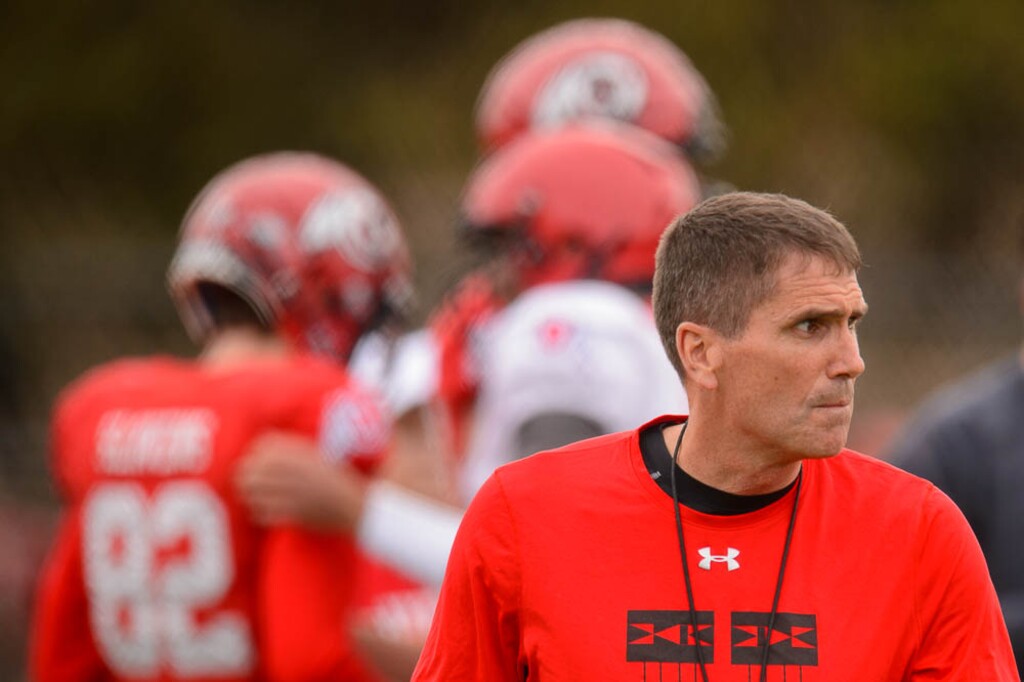(Trent Nelson | The Salt Lake Tribune) Offensive coordinator Andy Ludwig, shown during Utah's spring practice, has a 46-15 record in his two stints as the Utes' play-caller.