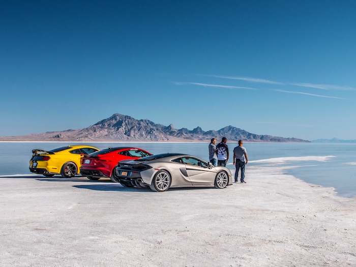 (Photo courtesy BBC America) A Ford Mustang, a Jaguar, a McLaren, Matt LeBlanc, Rory Reid and Chris Harris at the edge of a temporary lake at the Bonneville Salt Flats.