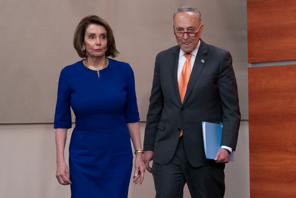 Speaker of the House Nancy Pelosi, D-Calif., left, and Senate Minority Leader Chuck Schumer, D-N.Y., arrive to inform reporters about their failed meeting with President Donald Trump at the White House on infrastructure, at the Capitol in Washington, Wednesday, May 22, 2019. (AP Photo/J. Scott Applewhite)