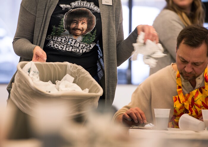 (Leah Hogsten  |  The Salt Lake Tribune)  Adult services librarian and painting class instructor Becci Dean wears a "No Mistakes, Just Happy Accidents" T-shirt with the likeness of Bob Ross during a Bob Ross Paint-Along class, Saturday, Jan. 6, 2018, at the Salt Lake City Public Library's Sweet Branch in the Avenues.