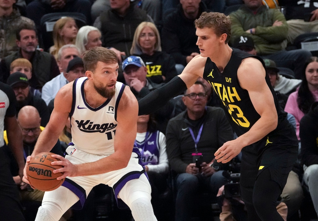 (Bethany Baker | AP) Sacramento Kings forward Domantas Sabonis (11) looks to pass as Utah Jazz forward Lauri Markkanen (23) defends during the first half of an NBA basketball game, Tuesday, Oct. 29, 2024, in Salt Lake City.