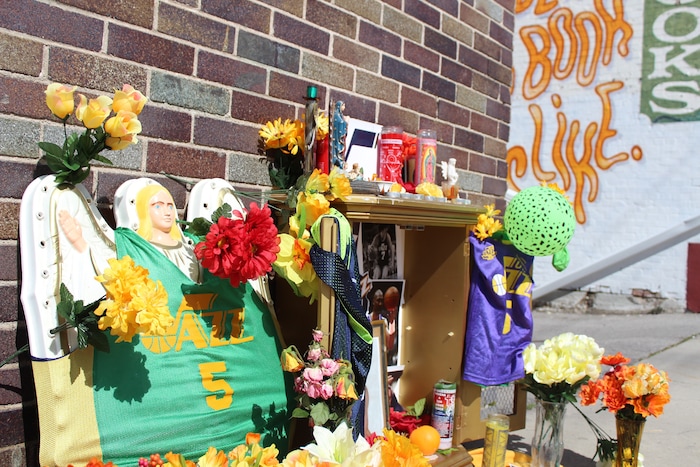 (Christopher Kamrani | The Salt Lake Tribune) A Utah Jazz playoff shrine on the corner of 200 East and 300 South in downtown Salt Lake City on Monday, April 23, 2018.