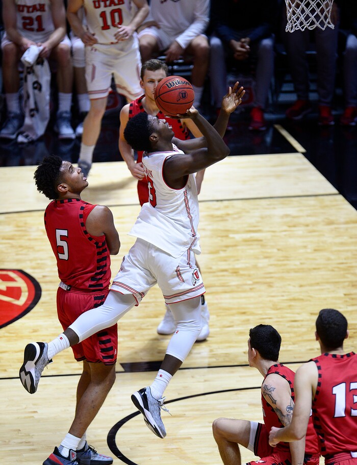 (Scott Sommerdorf   |  The Salt Lake Tribune)   Donnie Tillman leaps for a layup during second half play. Utah defeated Eastern Washington 85-69, Friday, November 24, 2017. 