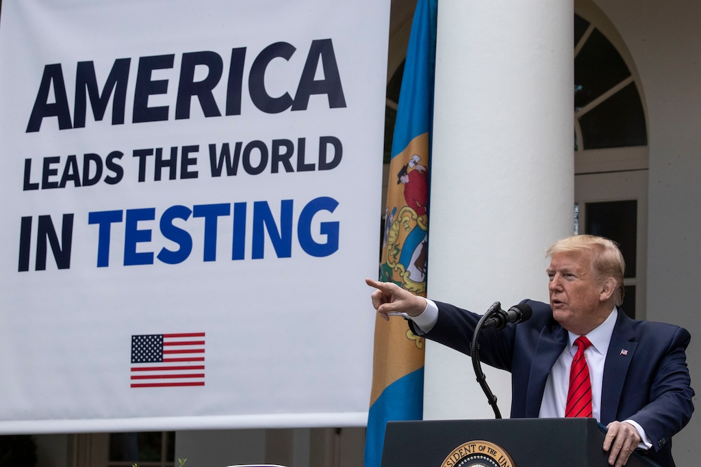 (Alex Brandon | AP) President Donald Trump points to a question as he speaks about the coronavirus during a press briefing in the Rose Garden of the White House, Monday, May 11, 2020, in Washington.