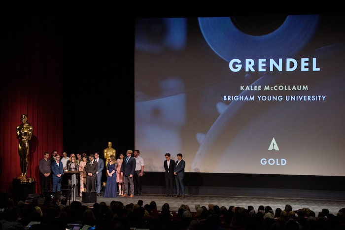 (Photo courtesy of Valerie Durant | AMPAS) Kalee McCollaum, director of the animated short film "Grendel," calls up her Brigham Young University crew members as she accepts the Student Academy Award Gold Medal, in a ceremony in Beverly Hills, Calif, on Thursday, Oct. 17, 2019. The film was made by students at BYU's Center for Animation.