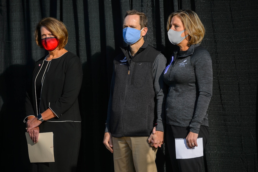 (Trent Nelson  |  The Salt Lake Tribune) University of Utah President Ruth Watkins and Matt and Jill McCluskey as the family of Lauren McCluskey announces a settlement of their lawsuit against the University of Utah, in Salt Lake City on Thursday, Oct. 22, 2020.