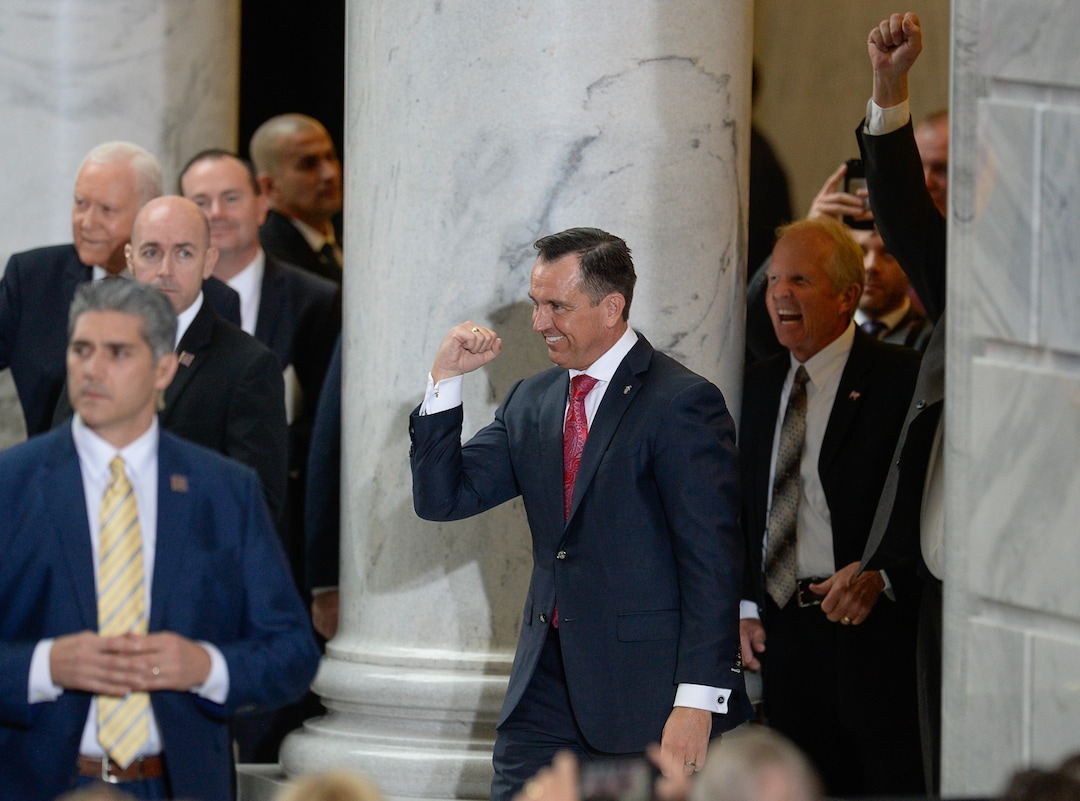 (Francisco Kjolseth  |  The Salt Lake Tribune)  Speaker of the House Greg Hughes, pumps his fist after being acknowledged by U.S. President Donald Trump at the Utah Capitol on Monday, Dec. 4, 2017. President Trump signed two presidential proclamation to shrink Bears Ears and Grand Staircase-Escalante national monuments.
