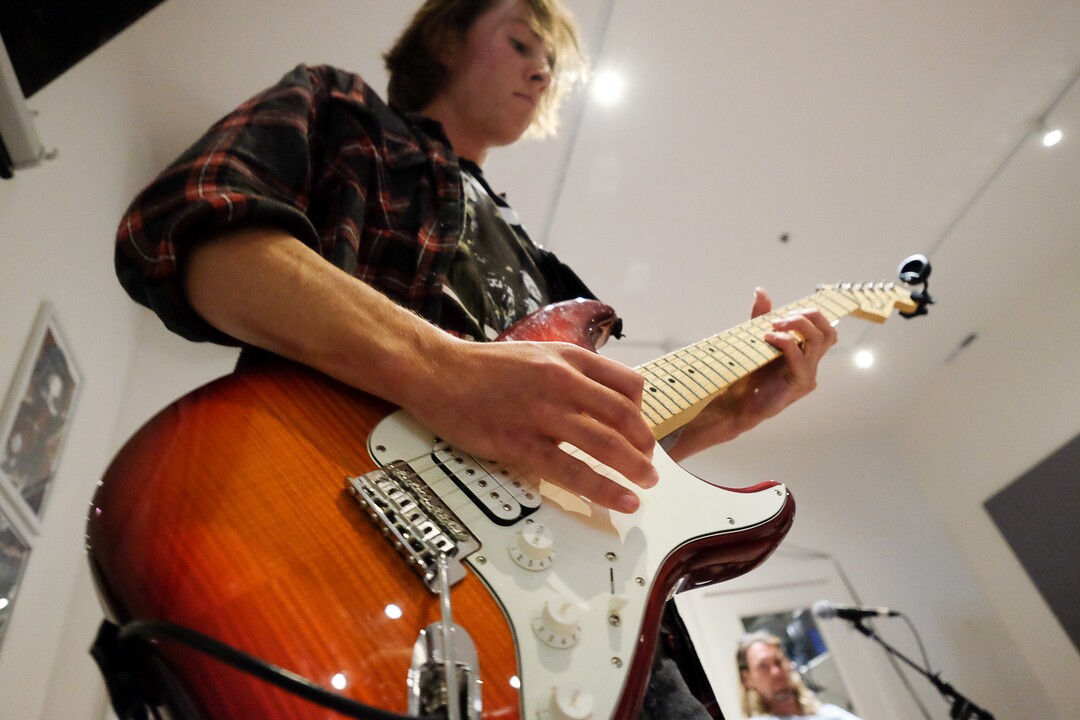 (Francisco Kjolseth  |  The Salt Lake Tribune)  Connor Bliss, 17, plays guitar as he jams with other students at MusicGarage.org, in Sugarhouse on Monday, May 20, 2019, as they learn to rock and roll in hopes of joining a kids band to perform at festivals this Summer.