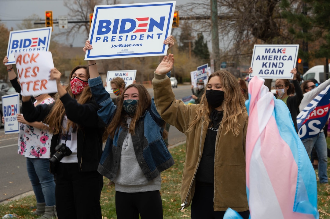 (Francisco Kjolseth  |  The Salt Lake Tribune) Supporters of President-elect Joe Biden celebrate at Liberty Park on Saturday, Nov. 7, 2020, in Salt Lake City.