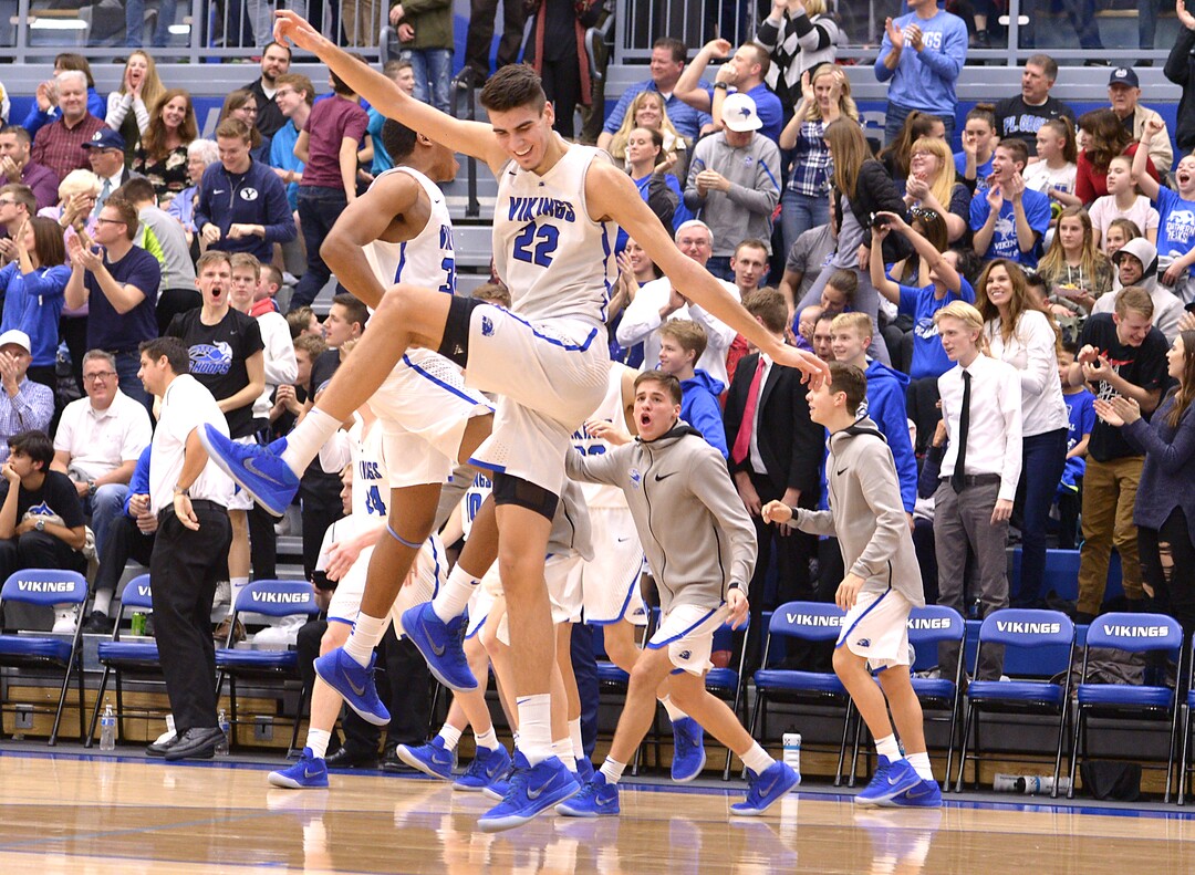(Leah Hogsten  |  The Salt Lake Tribune)  Pleasant Grove High School boys' basketball team leads Lone Peak High School 26-20 at the half during their game Friday, January 26, 2018 in Pleasant Grove. 