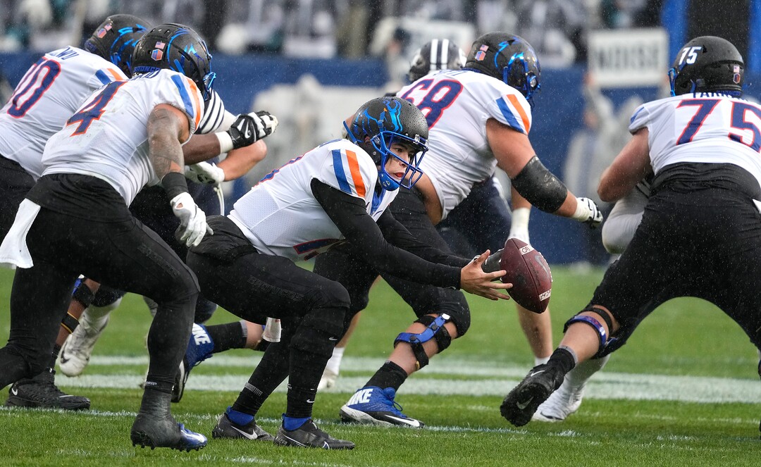 (Leah Hogsten | The Salt Lake Tribune) Boise State Broncos quarterback Hank Bachmeier (19) fumbles the ball as No. 10 Brigham Young University hosts Boise State at LaVell Edwards Stadium, Oct. 9, 2021.
