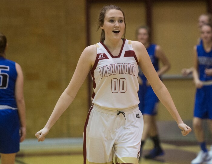 (Rick Egan  |  The Salt Lake Tribune)    Melissa Sorenson, Viewmont High reacts after hitting the game-winning free-throw, in the Vikings come from behind victory over  Bingham, in prep basketball action in Bountiful, Wednesday, January 3, 2018.