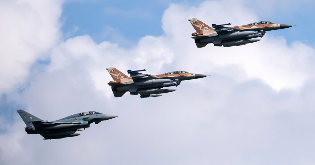 (Sven Hoppe/dpa via AP)

A German air force Bundeswehr Eurofighter and an Israeli Air Force F-16 jets fly in formation over the Fuerstenfeldbruck airbase in commemoration of the 1972 Olympic Games assassination attempt in Fuerstenfeldbruck, Germany, Tuesday, Aug. 18, 2020.