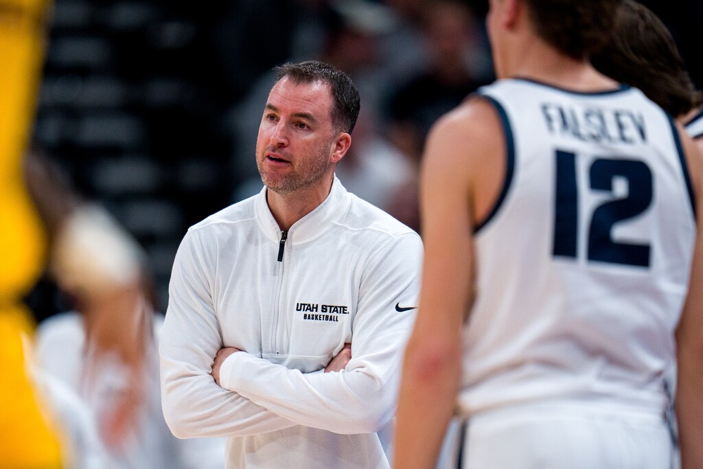 (Trent Nelson  |  The Salt Lake Tribune) Danny Sprinkle as Utah State faces San Francisco, NCAA basketball in Salt Lake City on Saturday, Dec. 16, 2023.