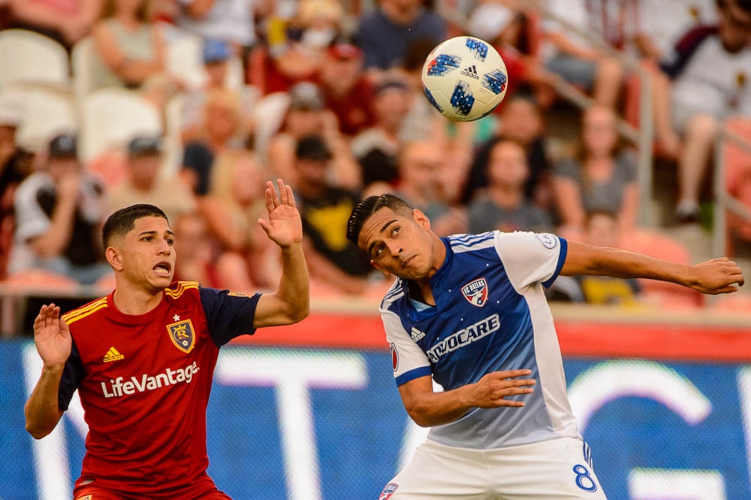 (Trent Nelson | The Salt Lake Tribune)  Real Salt Lake hosts FC Dallas, MLS soccer at Rio Tinto Stadium in Sandy, Saturday July 7, 2018. Real Salt Lake forward Jefferson Savarino (7) and FC Dallas midfielder Victor Ulloa (8).
