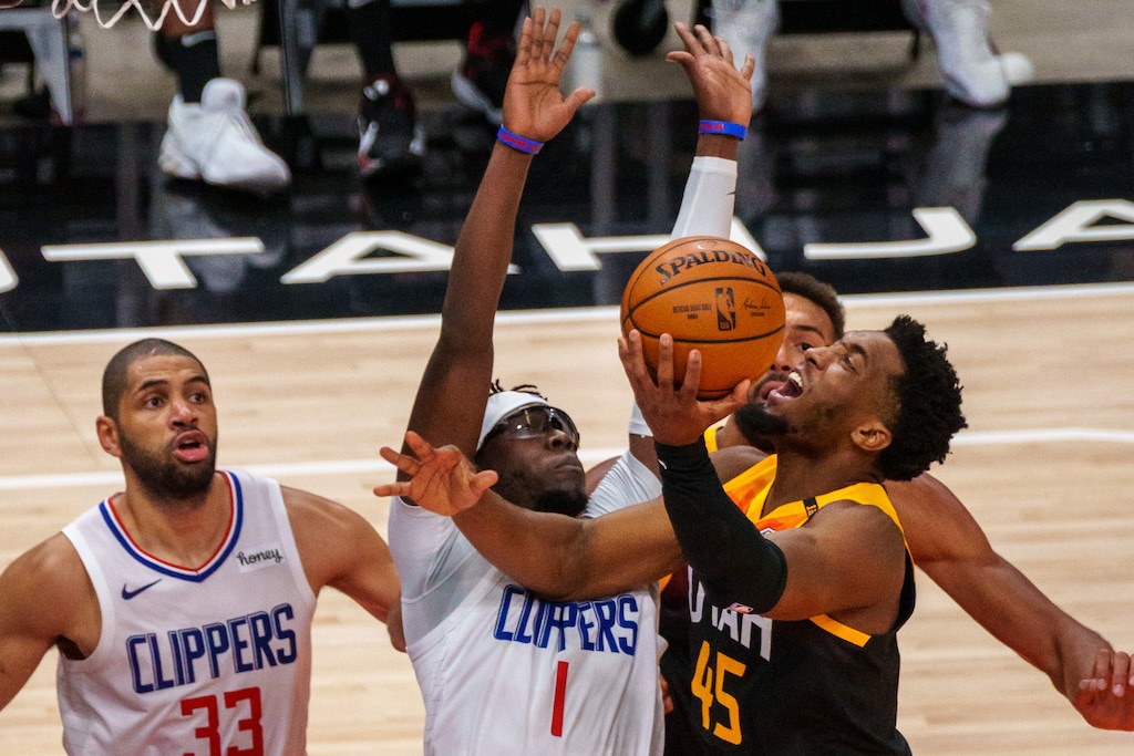 (Trent Nelson  |  The Salt Lake Tribune) Utah Jazz guard Donovan Mitchell (45) as the Utah Jazz host the Los Angeles Clippers in a Game 5 matchup, NBA basketball in Salt Lake City on Wednesday, June 16, 2021.