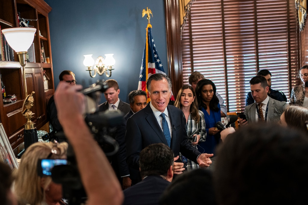 (Haiyun Jiang | The New York Times) Sen. Mitt Romney, R-Utah, speaks to reporters after announcing he would not seek reelection, on Capitol Hill in Washington, Wednesday, Sept. 13, 2023.