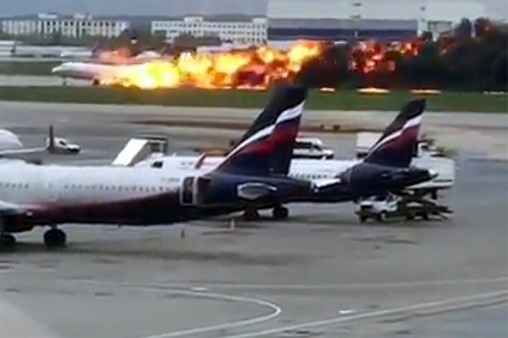 (@artempetrovich via AP) This image taken from video provided by Instagram user @artempetrovich, shows the SSJ-100 aircraft of Aeroflot Airlines on fire during an emergency landing in Sheremetyevo airport in Moscow, Russia, Sunday, May 5, 2019.