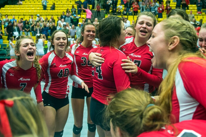 (Chris Detrick  |  The Salt Lake Tribune)  Park City Miners celebrate after winning the 4A volleyball state championships at the UCCU Center at Utah Valley University Thursday, October 26, 2017.  Park City defeated Sky View 3-0.