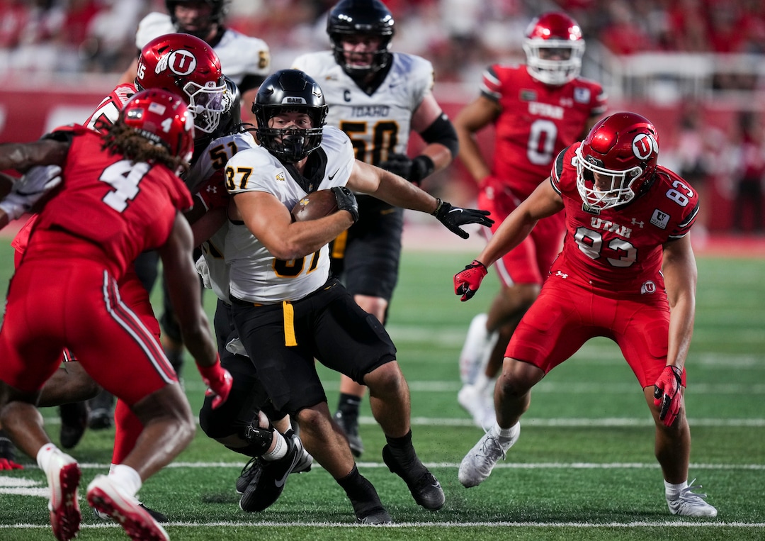 (Bethany Baker  |  The Salt Lake Tribune) Utah Utes tackle Idaho Vandals running back Hayden Kincheloe (37) during the first half of the game between the Utah Utes and the Idaho Vandals at Rice-Eccles Stadium in Salt Lake City on Thursday, Sept. 3, 2026.