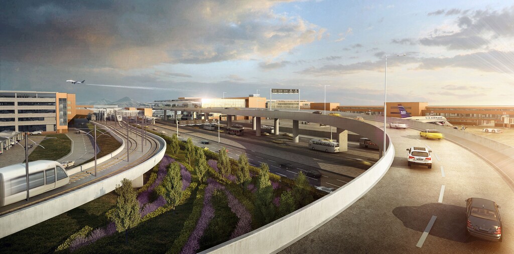 (Courtesy of Salt Lake City International Airport) A rendering of the airport's initially proposed Terminal Drive, with the Utah Transit Authority's elevated TRAX train seen at left turning toward the airport's "Gateway Center."