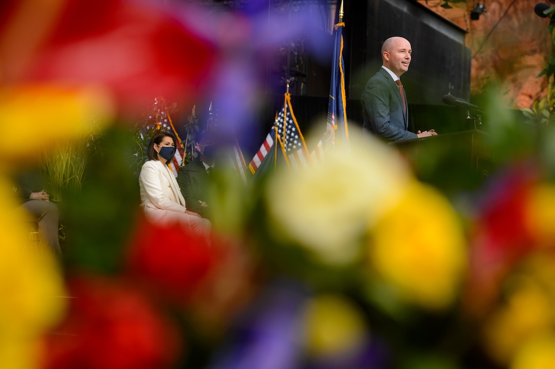 (Trent Nelson  |  The Salt Lake Tribune) Spencer Cox speaks at his inauguration as Utah's 18th governor at Tuacahn Center for the Arts in Ivins on Monday, Jan. 4, 2021. At left is Lt. Gov. Deidre Henderson.