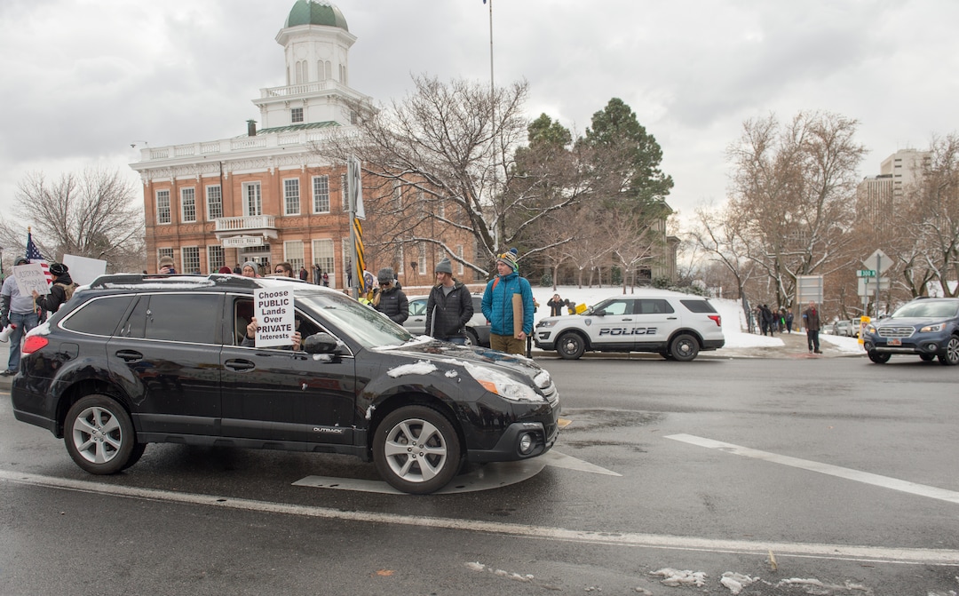 (Rachel Molenda  |  The Salt Lake Tribune)  Protesters gathered on Monday, December 4, 2017. to protest President Donald Trump's plan to shrink Bears Ears and Grand Staircase-Escalante national monuments.