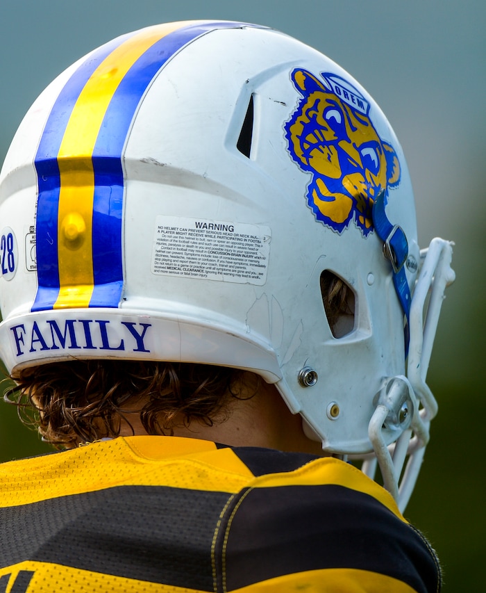 (Leah Hogsten | The Salt Lake Tribune) Orem High School football team helmet, August 8, 2019.
