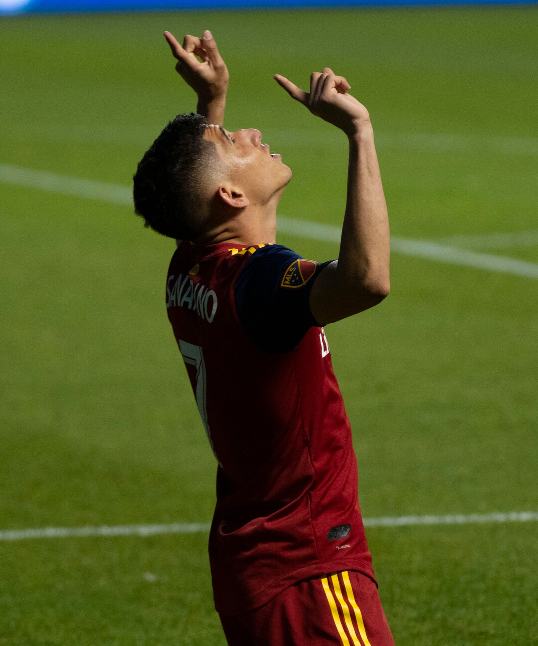 (Rick Egan  |  The Salt Lake Tribune).  Real forward Jefferson Savarino (7) celebrates after scoring the winning goal for Salt Lakel, in MLS soccer action between Real Salt Lake and Atlanta United at Rio Tinto Stadium in Sandy, Friday, May 24, 2019.