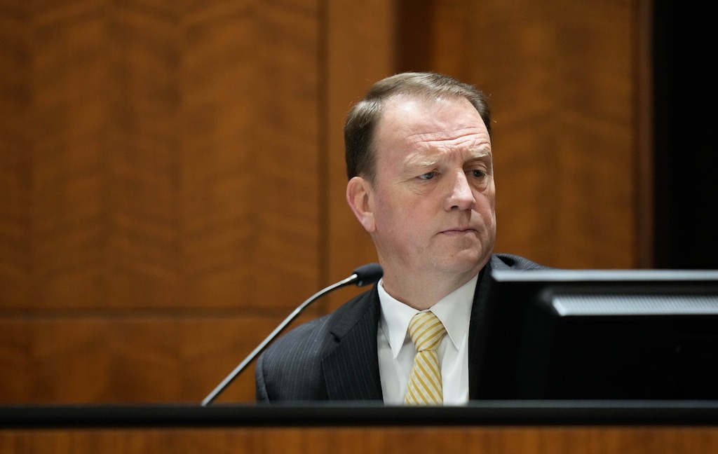 (Francisco Kjolseth | The Salt Lake Tribune) Deputy Utah County Attorney Christopher Ballard reviews a video from the witness stand in 4th District Court in Provo on Friday, June 12, 2026, during a hearing for Tyler Robinson, accused in the fatal shooting of Charlie Kirk.