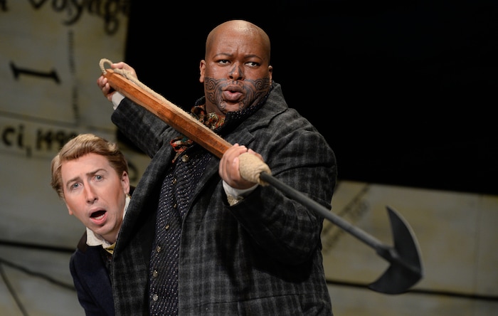 (Francisco Kjolseth  |  The Salt Lake Tribune)  Stars Joshua Dennis as Greenhorn, left, and Musa Ngqungwana as Queequeg act out scenes from Utah Opera's upcoming "Moby-Dick" at the Capitol Theatre for the 21st-century opera by Jake Heggie based on the classic novel by Herman Melville.