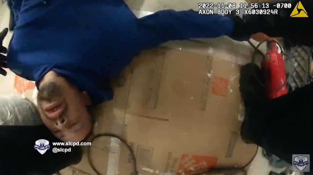 (Still from SLCPD footage) A 37-year-old man is filmed on an officer's body camera shortly after he was shot by officers. The man was critically wounded but survived the Nov. 8, 2022, police shooting.